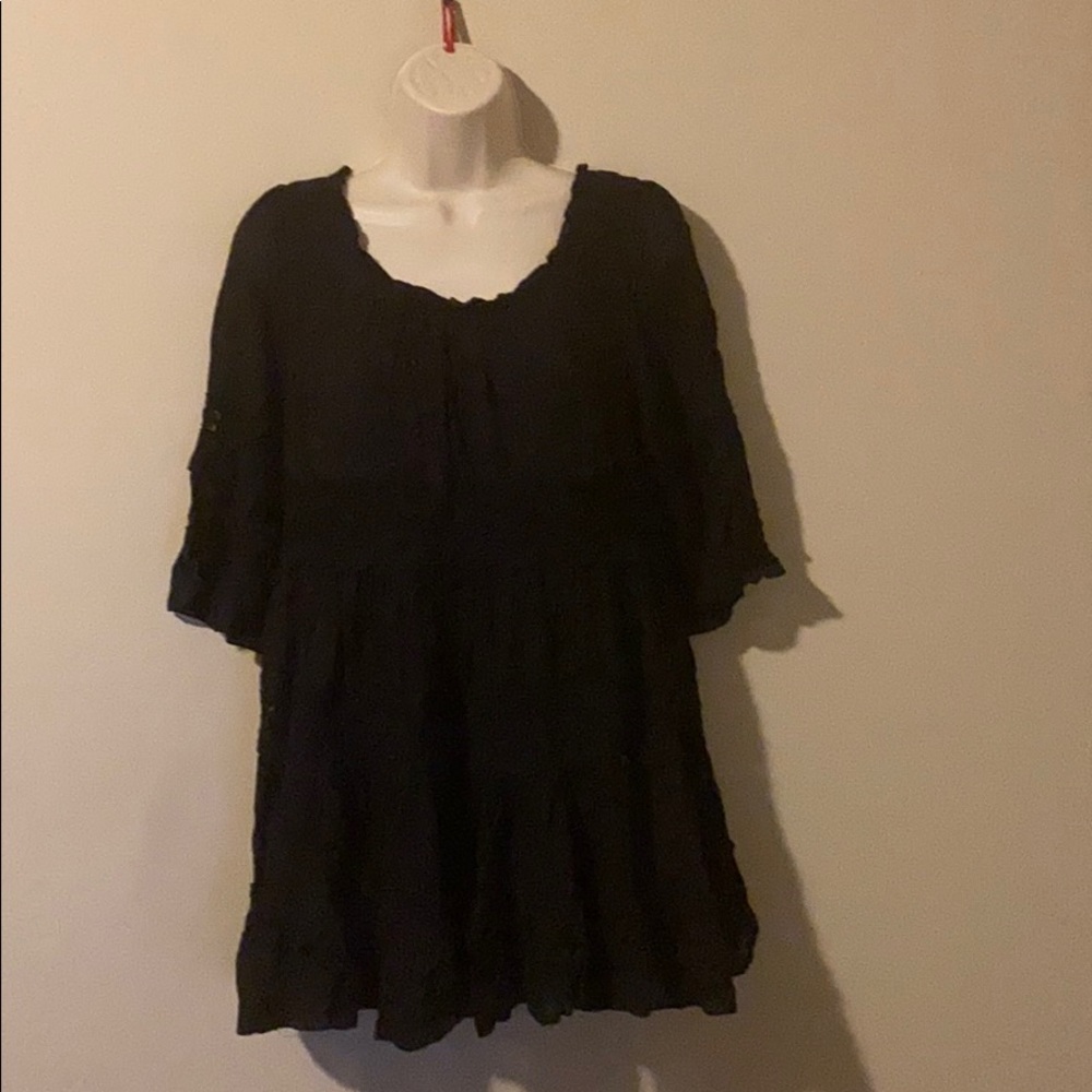 Black lace tiered peasant boho ruffle top medium